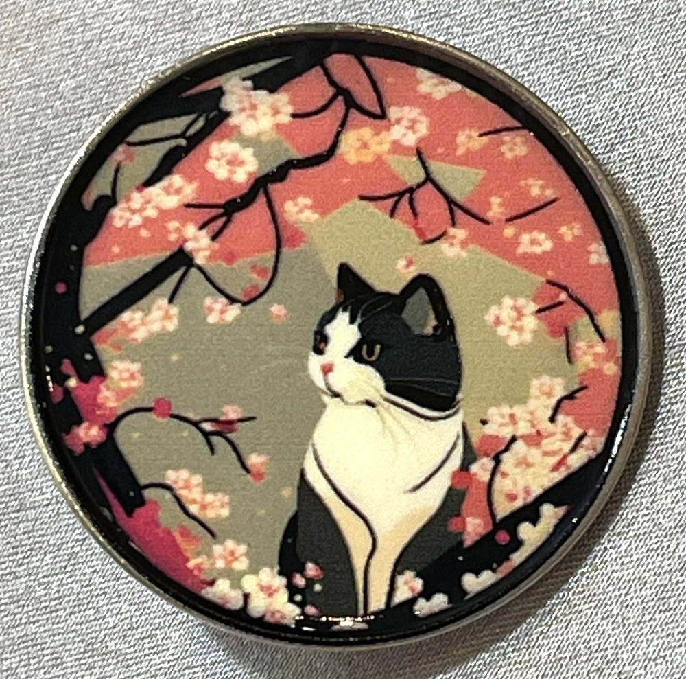 NWOT Tuxedo Cat Brooch Lapel Pin Round Cherry Blossom Floral Garden Cute Kawaii